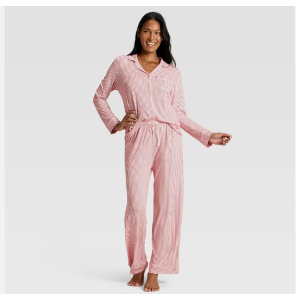 Cloud Knit Modal Pajama Set Long Sleeve Top & Pants Sz XS Red & White NWT